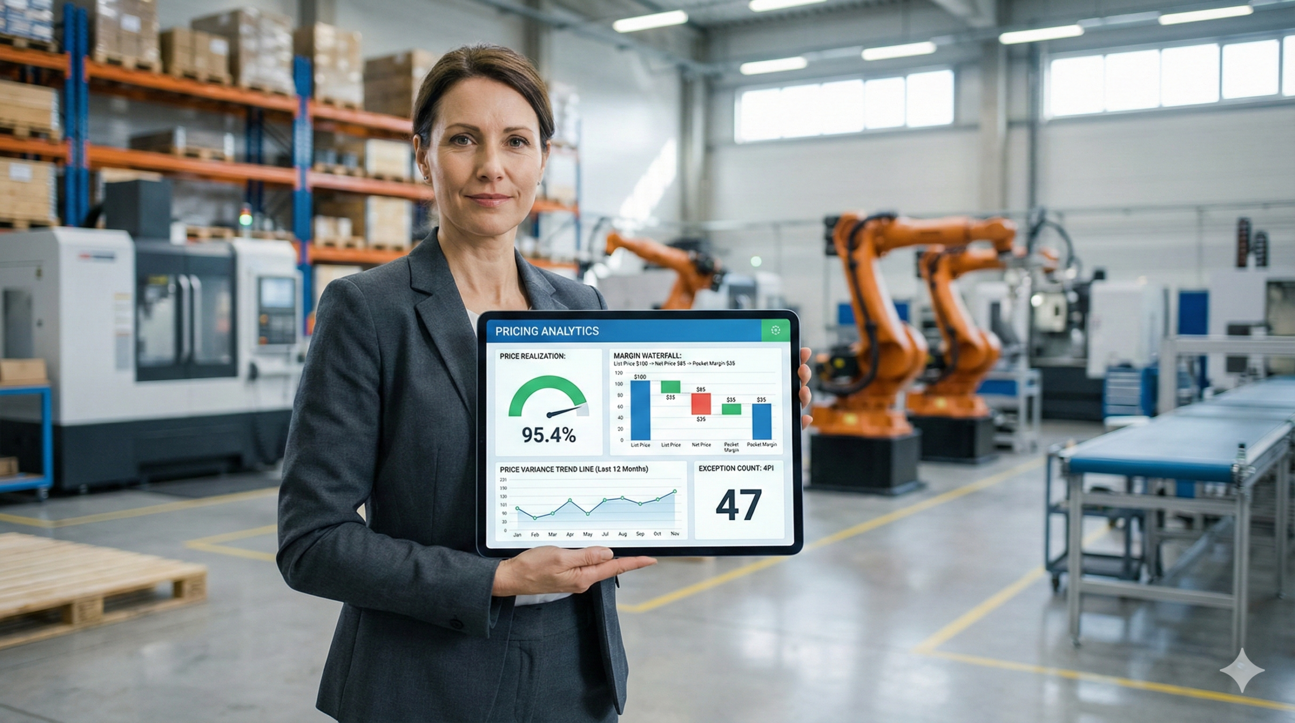 CFO Reviewing Price Realization Dashboard on Factory Floor